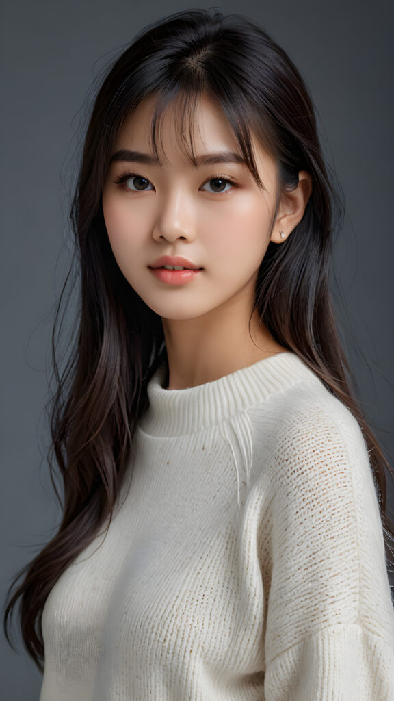 a young, sweet, pretty Vietnamese teen girl ((stunning)) ((gorgeous)) ((masterpiece of photo)) is wearing a thin white wool sweater. She looks seductively at the viewer, long straight dark hair in bangs cut, deep blue eyes, she has a perfect body, side view, upper-body, grey background.