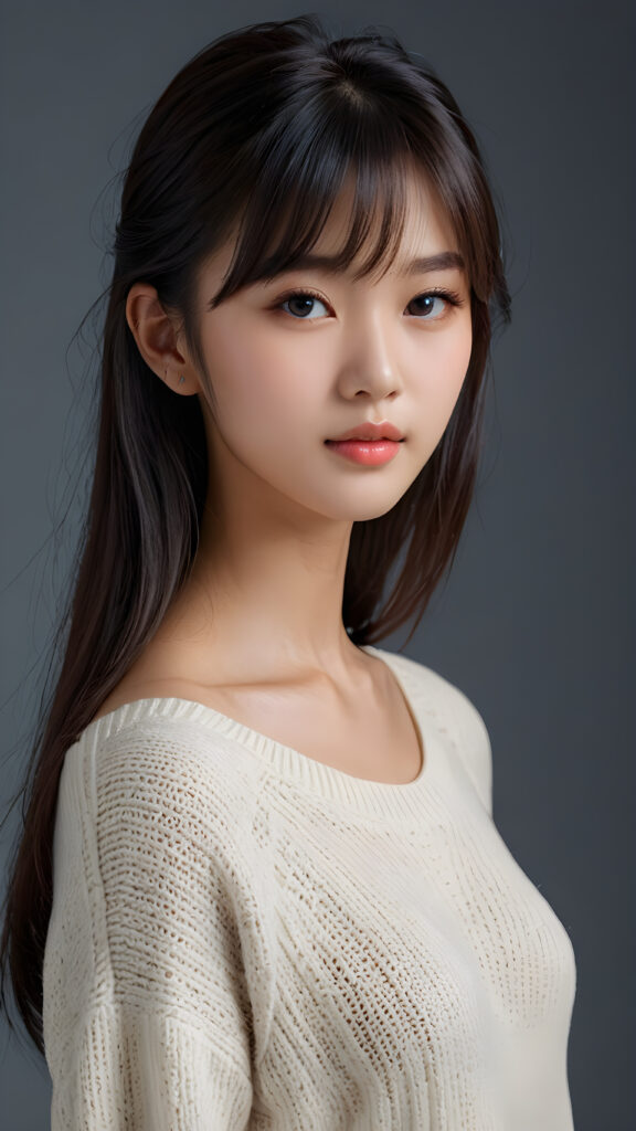 a young, sweet, pretty Chinese teen girl ((stunning)) ((gorgeous)) ((masterpiece of photo)) is wearing a thin white wool sweater. She looks seductively at the viewer, long straight dark hair in bangs cut, deep blue eyes, she has a perfect body, side view, upper-body, grey background.