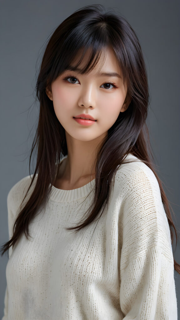 a young, sweet, pretty Taiwanese teen girl ((stunning)) ((gorgeous)) ((masterpiece of photo)) is wearing a thin white wool sweater. She looks seductively at the viewer, long straight dark hair in bangs cut, deep blue eyes, she has a perfect body, side view, upper-body, grey background.