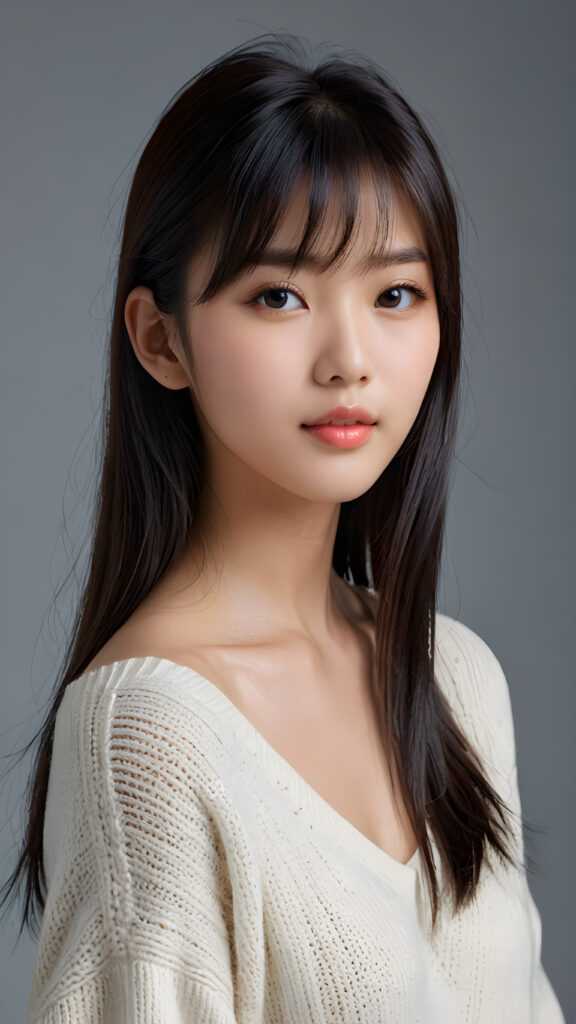 a young, sweet, pretty Taiwanese teen girl ((stunning)) ((gorgeous)) ((masterpiece of photo)) is wearing a thin white wool sweater. She looks seductively at the viewer, long straight dark hair in bangs cut, deep blue eyes, she has a perfect body, side view, upper-body, grey background.