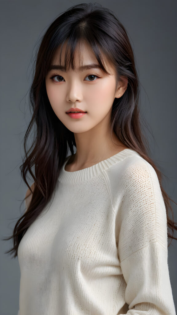 a young, sweet, pretty Korean teen girl ((stunning)) ((gorgeous)) ((masterpiece of photo)) is wearing a thin white wool sweater. She looks seductively at the viewer, long straight dark hair in bangs cut, deep blue eyes, she has a perfect body, side view, upper-body, grey background.