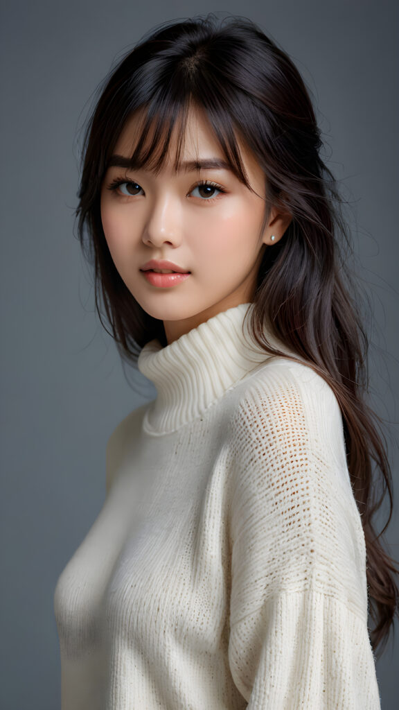 a young, sweet, pretty Malaysian teen girl ((stunning)) ((gorgeous)) ((masterpiece of photo)) is wearing a thin white wool sweater. She looks seductively at the viewer, long straight dark hair in bangs cut, deep blue eyes, she has a perfect body, side view, upper-body, grey background.