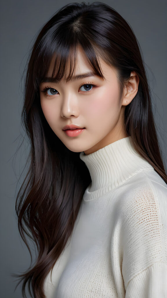 a young, sweet, pretty Chinese teen girl ((stunning)) ((gorgeous)) ((masterpiece of photo)) is wearing a thin white wool sweater. She looks seductively at the viewer, long straight dark hair in bangs cut, deep blue eyes, she has a perfect body, side view, upper-body, grey background.