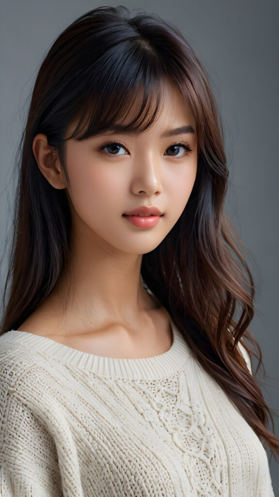 a young, sweet, pretty Malaysian teen girl ((stunning)) ((gorgeous)) ((masterpiece of photo)) is wearing a thin white wool sweater. She looks seductively at the viewer, long straight dark hair in bangs cut, deep blue eyes, she has a perfect body, side view, upper-body, grey background.