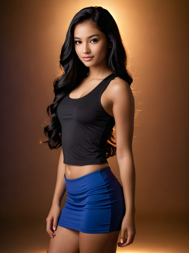 a (((young teen girl))) with long, flowing straight (((black hair))), confidence and happiness as she poses in a (((body-hugging sports tank top and short miniskirt))), her form fitting figure and perfect curls drawing the eye, set against a (((dimly lit backdrop))) with (((vivid shadows))) and (((glamorous lights))).