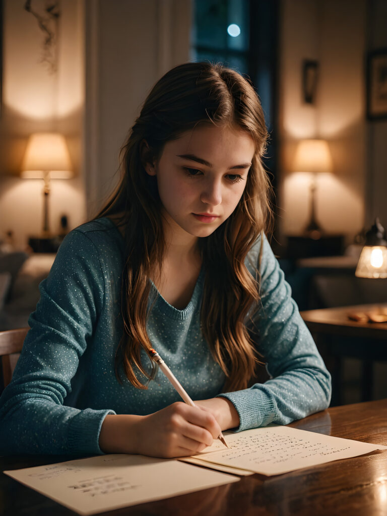 a young teen girl sits at a table and writes a letter. She looks sad. Dim light illuminates the room and creates a mysterious atmosphere.
