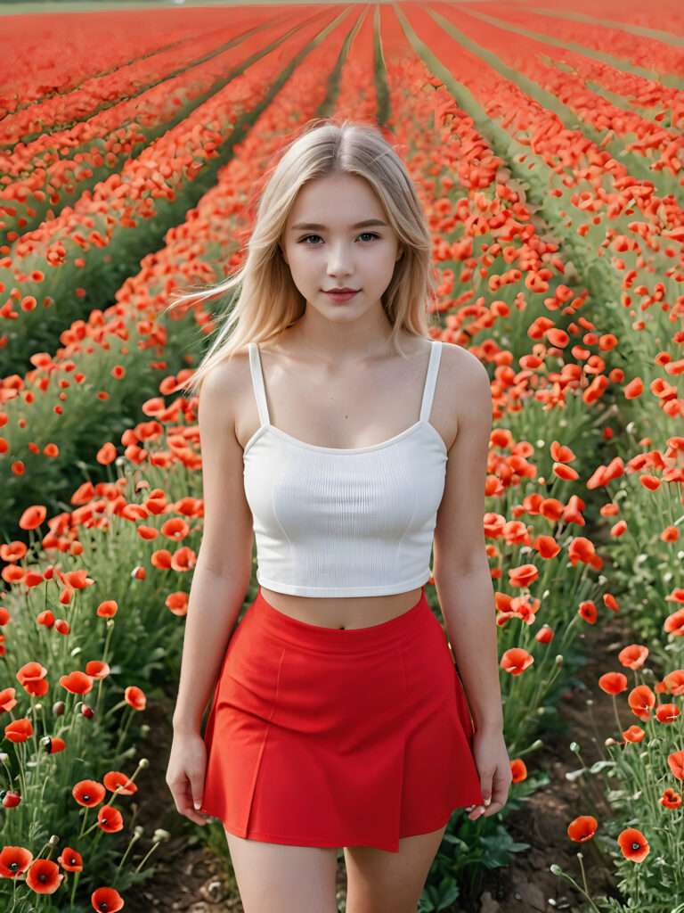 a young teen girl in a poppy field, bird's eye view, full body, she has soft blond hair, ((crop top)) ((mini skirt)), perfect fit body