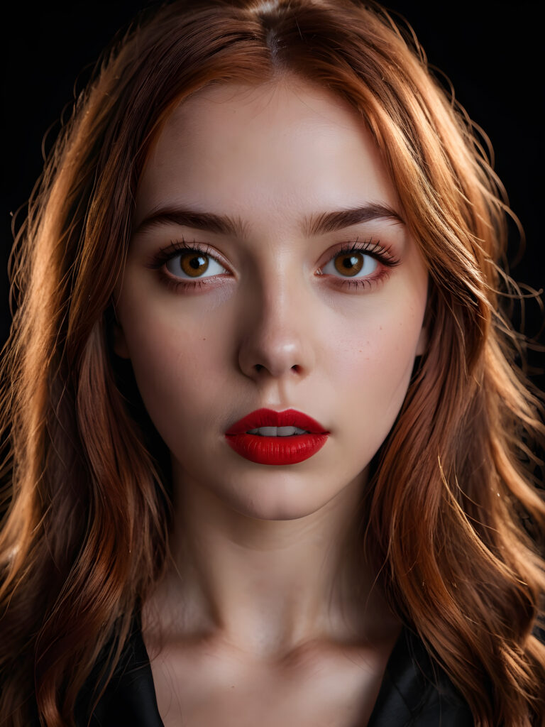 a young teen girl ((stunning)) ((gorgeous)) ((detailed close-up portrait)) ((dark black background)) ((weak light illuminates the image)) ((amber eyes)) ((straight hair)) ((red hair)), she has her mouth slightly open and looks seductively at the viewer, ((full red lips))