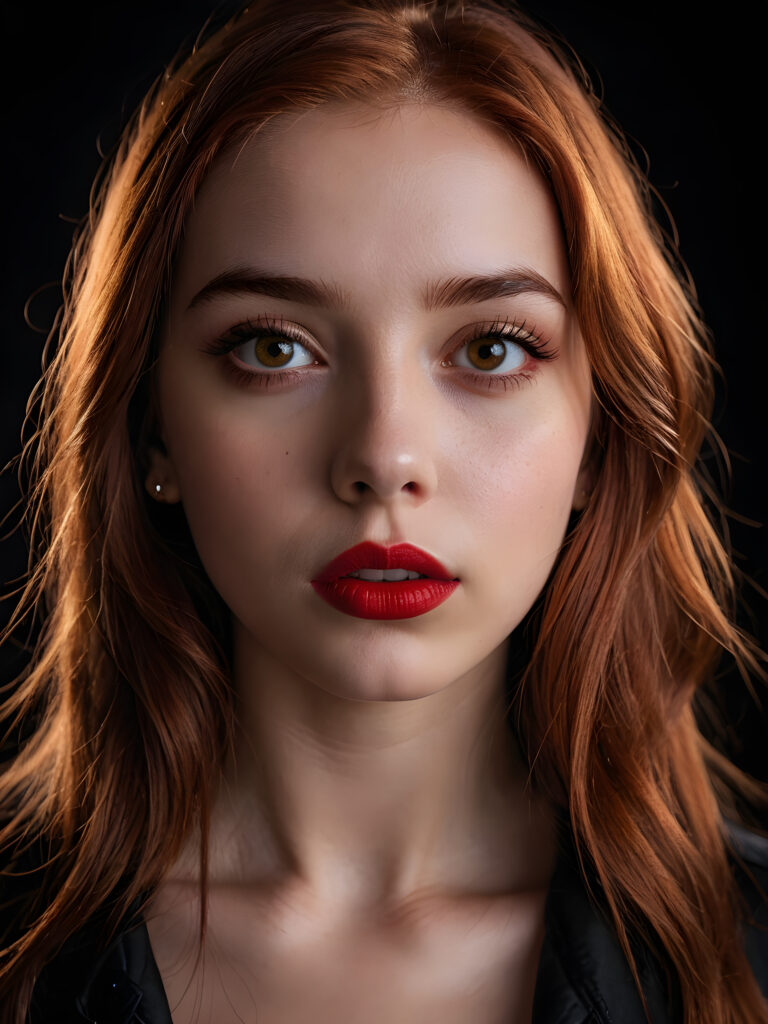 a young teen girl ((stunning)) ((gorgeous)) ((detailed close-up portrait)) ((dark black background)) ((weak light illuminates the image)) ((amber eyes)) ((straight hair)) ((red hair)), she has her mouth slightly open and looks seductively at the viewer, ((full red lips))