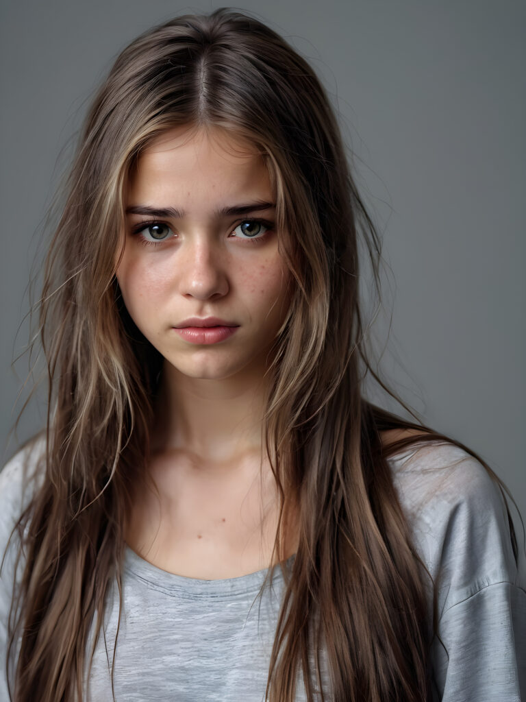 a young teen girl. She is poor and scantily tattered dressed. She cries. She is alone. Her long straight hair is disheveled and dirty. She looks sadly into the camera. ((realistic, detailed photo)), grey background