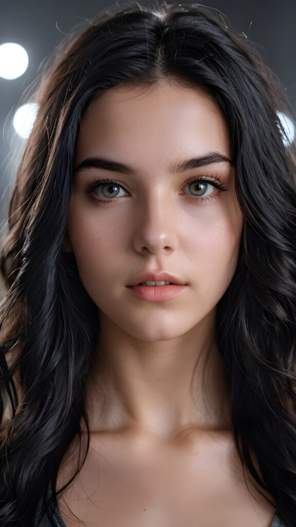 a young teen girl with black, detailed hair, busted, close-up, a nice aura surrounds her, she has a perfect body, ((stunnung)) ((mysterious)) ((grey background)) (round face)