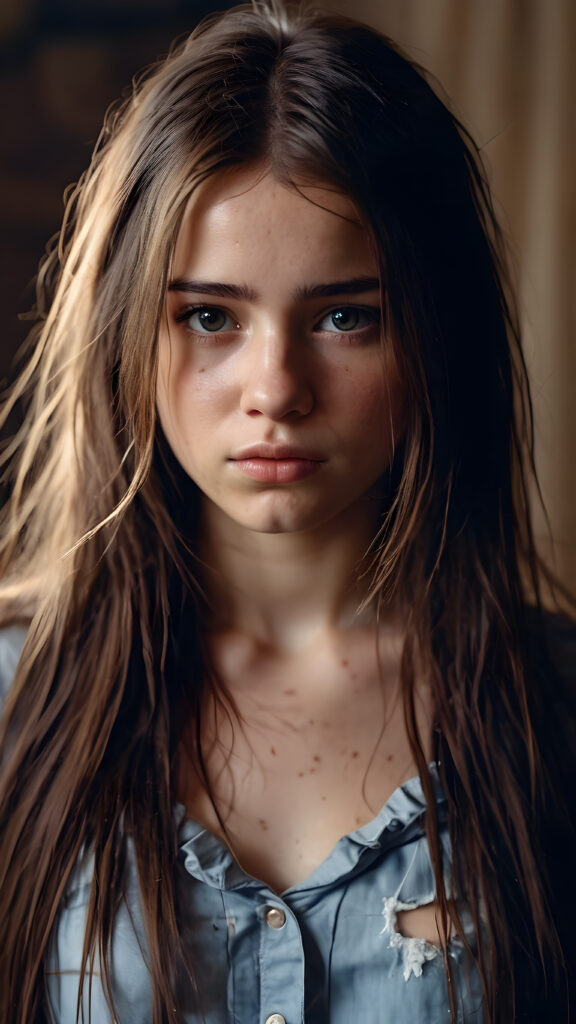 a young teen girl. She is poor and scantily tattered dressed. She cries. She is alone. Her long straight hair is disheveled and dirty. She looks sadly into the camera. ((realistic, detailed photo))