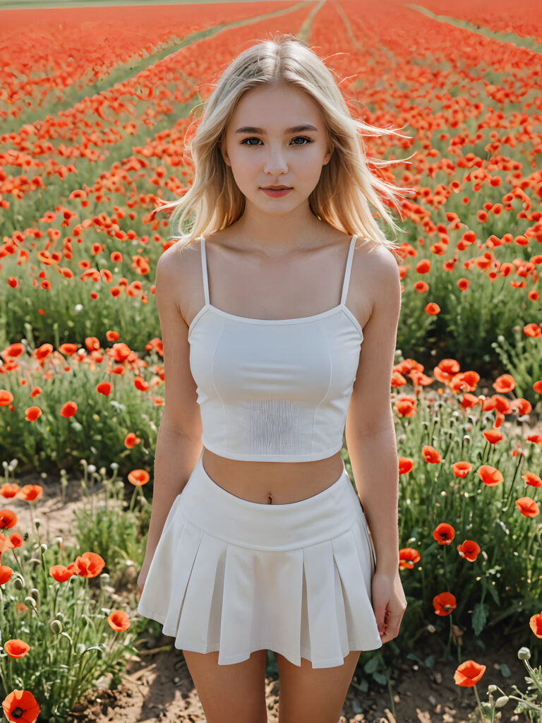 a young teen girl in a poppy field, bird's eye view, full body, she has soft blond hair, ((crop top)) ((mini skirt)), perfect fit body
