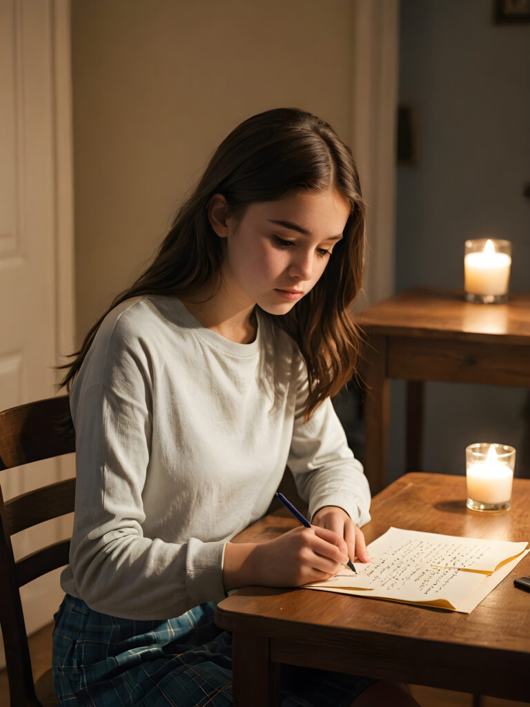 a young teen girl sits at a table and writes a letter. She looks sad. Dim light illuminates the room and creates a mysterious atmosphere.