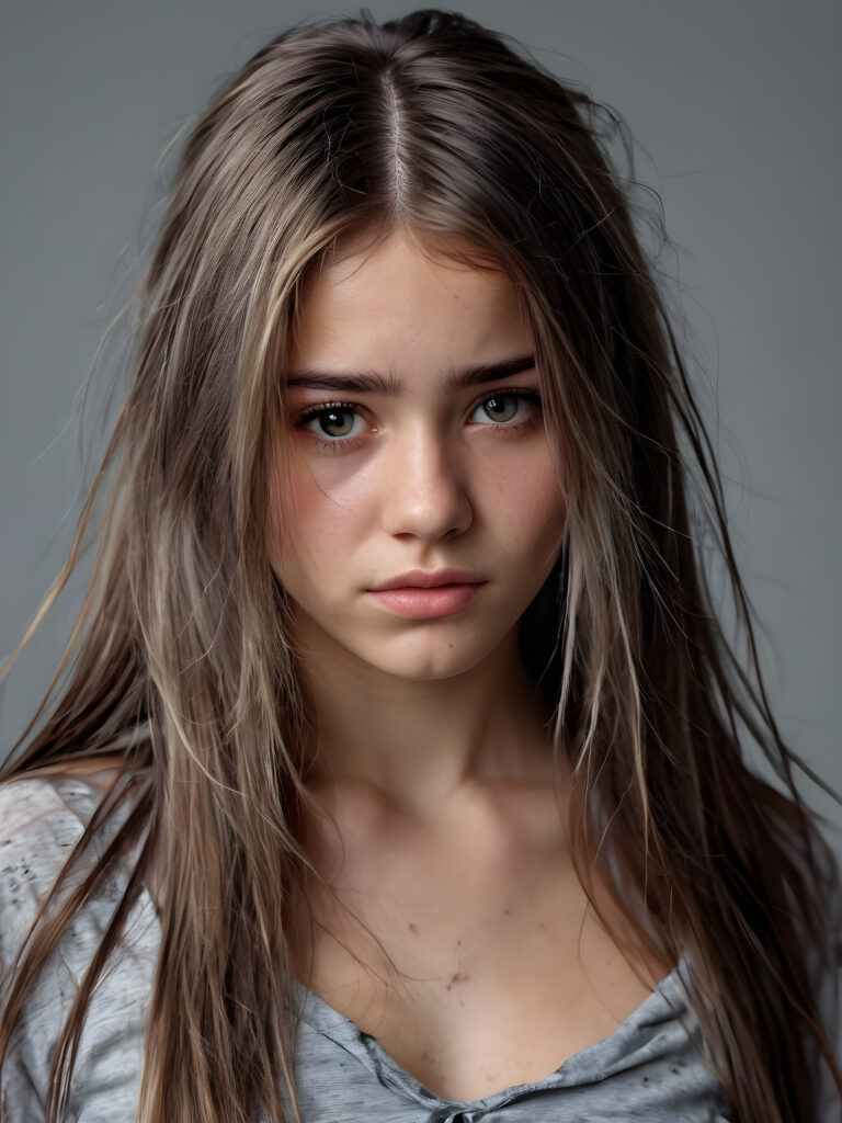 a young teen girl. She is poor and scantily tattered dressed. She cries. She is alone. Her long straight hair is disheveled and dirty. She looks sadly into the camera. ((realistic, detailed photo)), grey background