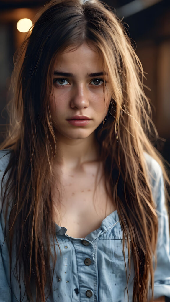 a young teen girl. She is poor and scantily tattered dressed. She cries. She is alone. Her long straight hair is disheveled and dirty. She looks sadly into the camera. ((realistic, detailed photo))