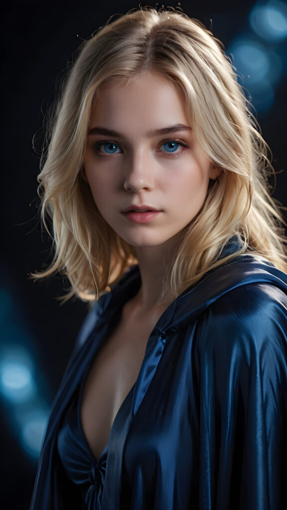 a young teen girl in a thin silk cloak with blonde, detailed hair, close-up, a blue aura surrounds her, she has a perfect body, ((stunnung)) ((mysterious)) ((dark background)) (round face)