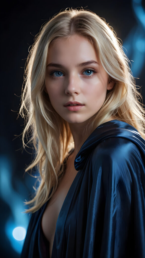 a young teen girl in a thin silk cloak with blonde, detailed hair, close-up, a blue aura surrounds her, she has a perfect body, ((stunnung)) ((mysterious)) ((dark background)) (round face)