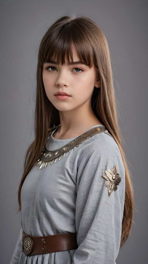 a young warrior teen girl, lightly dressed, 13 years old, flawless skin, ((stunning)) ((gorgeous)) ((detailed full body portrait)) ((straight hair in bangs cut)) ((angelic round face)), ((grey background)), ((full lips))