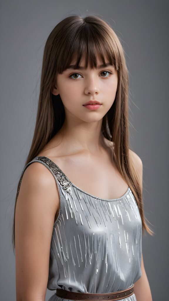 a young warrior teen girl, lightly dressed, 13 years old, flawless skin, ((stunning)) ((gorgeous)) ((detailed full body portrait)) ((straight hair in bangs cut)) ((angelic round face)), ((grey background)), ((full lips))