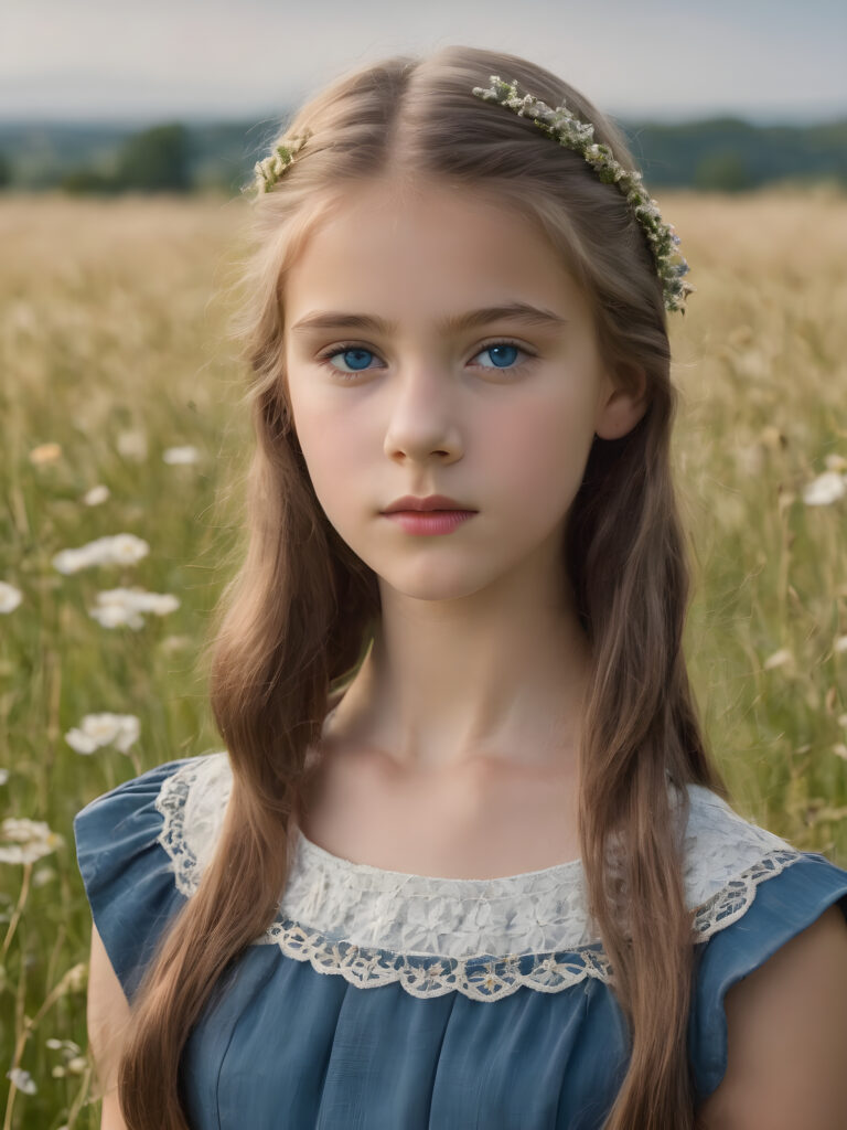 a detailed perfect portrait, young girl, 13 years old, stands in a meadow. She is dressed in classic 1960 style, she look at the viewer, detailed shiny hair, blue eyes, round detailed face