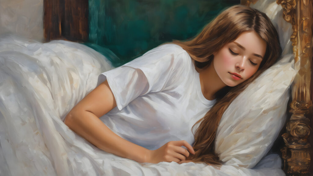 (((cute))) (((long, straight hazelnut hair))) ((stunning)) a (((professional night photograph))) sleeping in a comfortable bed, closed eyes, ((teen girl)), 15 years old, bangs cut, realistic detailed angelic round face, ((realistic detailed)), (wears a super short tight (white t-shirt) made on thin silk)