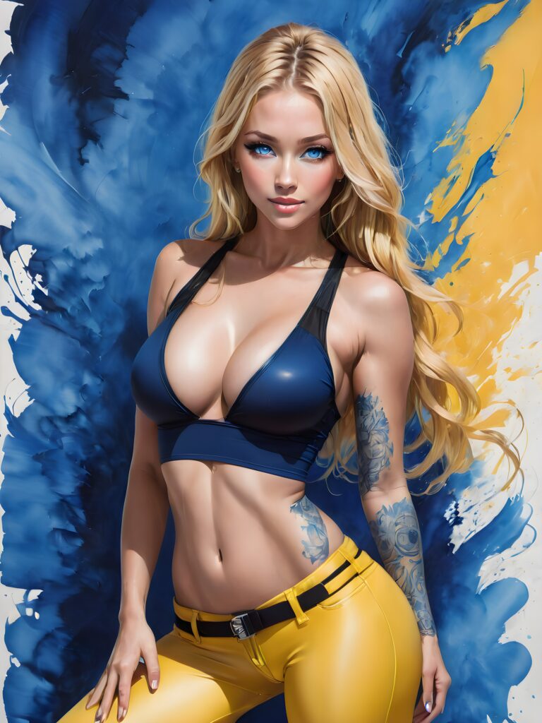 (((full body))) (((cute))) (((stunning))) blonde model, free flowing long hair, (fit body), ((anime)), (tattoos), ((abstract yellow and blue backdrop))) ((sapphire blue eyes)) and (((seductive warm smile))), clad in a (((blue, skin tight, body hugging, low cut short crop top))), (((skin tight leggings))