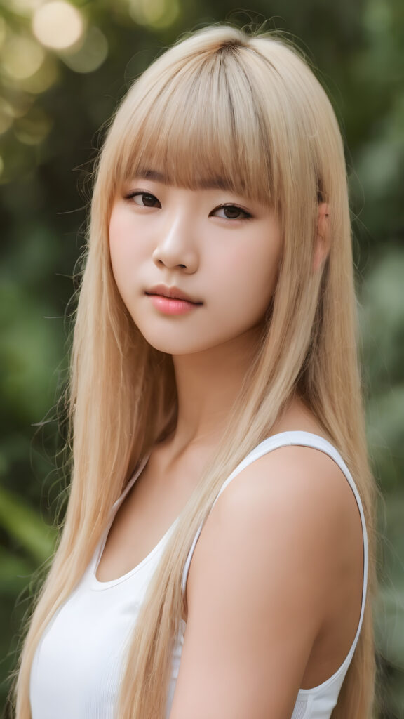 super realistic, 4k, detailed face, perfect curved body, cute (attribut) teen girl, long blonde straight hair, Korean styled bangs, wear only a white short tight tank top, looks at the camera, portrait shot