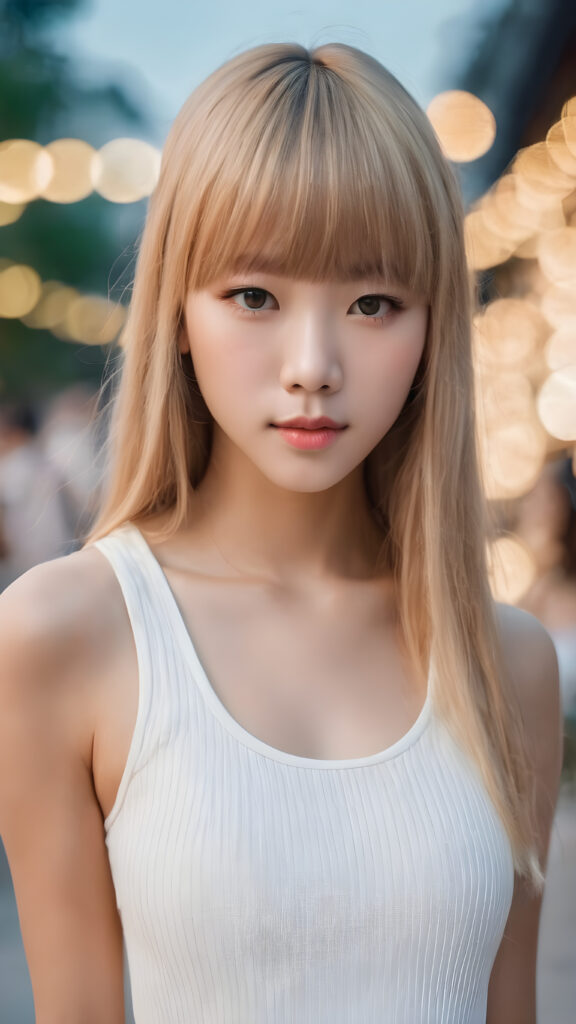 super realistic, 4k, detailed face, perfect curved body, cute (attribut) teen girl, long blonde straight hair, Korean styled bangs, wear only a white short tight tank top, looks at the camera, portrait shot