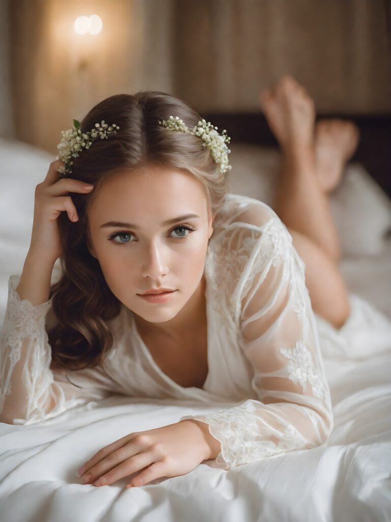 ((gorgeous)) ((detailed)) (stunning)) a cute young female girl, detailed brown hair, (viewed from front), she is laying down on her stomach on a wooden floor, perfect anatomy, wear only a thin nightgown made of silk, her head rests on her hands