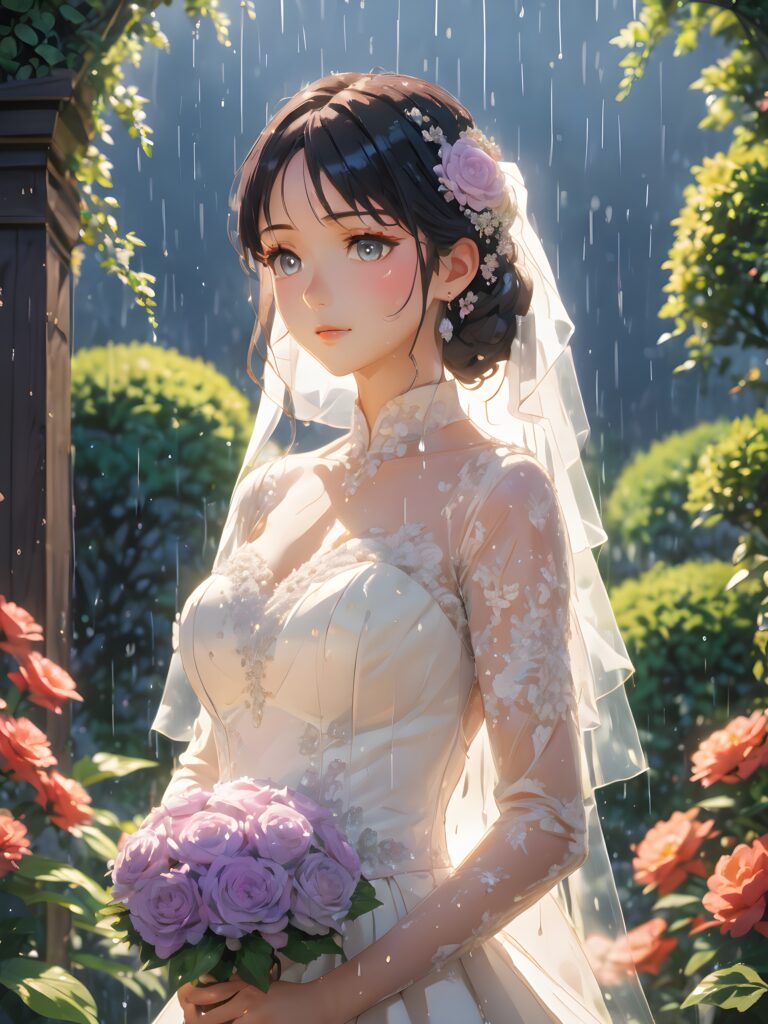 a (((bride-to-be))) standing patiently underneath a gently drizzling (((garden))), her face streaked with heartbreaking tears, encapsulating a profoundly sorrowful atmosphere despite the (((soft rain))) falling around her