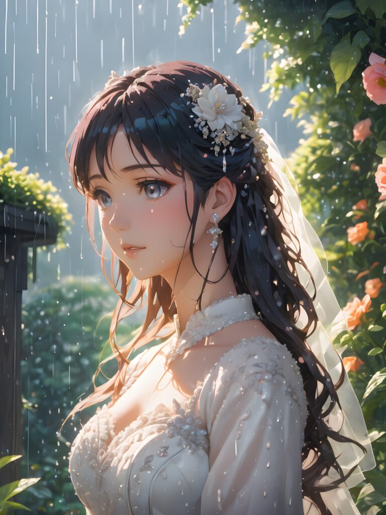 a (((bride-to-be))) standing patiently underneath a gently drizzling (((garden))), her face streaked with heartbreaking tears, encapsulating a profoundly sorrowful atmosphere despite the (((soft rain))) falling around her