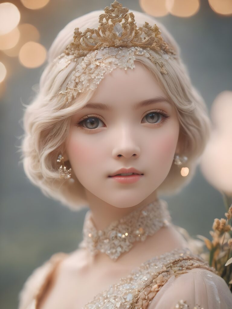 visualize an (ethereal scene) where a (mysterious female figure) exudes an air of fairytale enchantment with her (bow-shaped bob hairstyle) adorned by intricate details like tiny hearts and pointy stars, paired against a backdrop of pure, milk-like hues