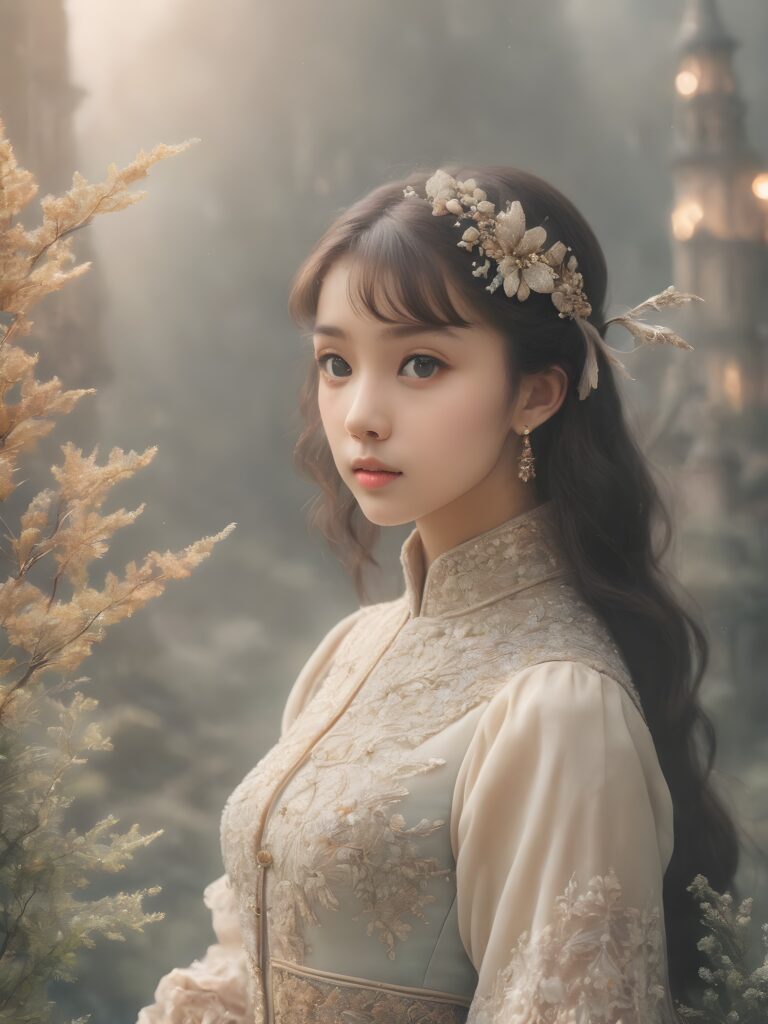 visualize an (ethereal scene) where a (mysterious female figure) exudes an air of fairytale enchantment with her (bow-shaped bob hairstyle) adorned by intricate details like tiny hearts and pointy stars, paired against a backdrop of pure, milk-like hues