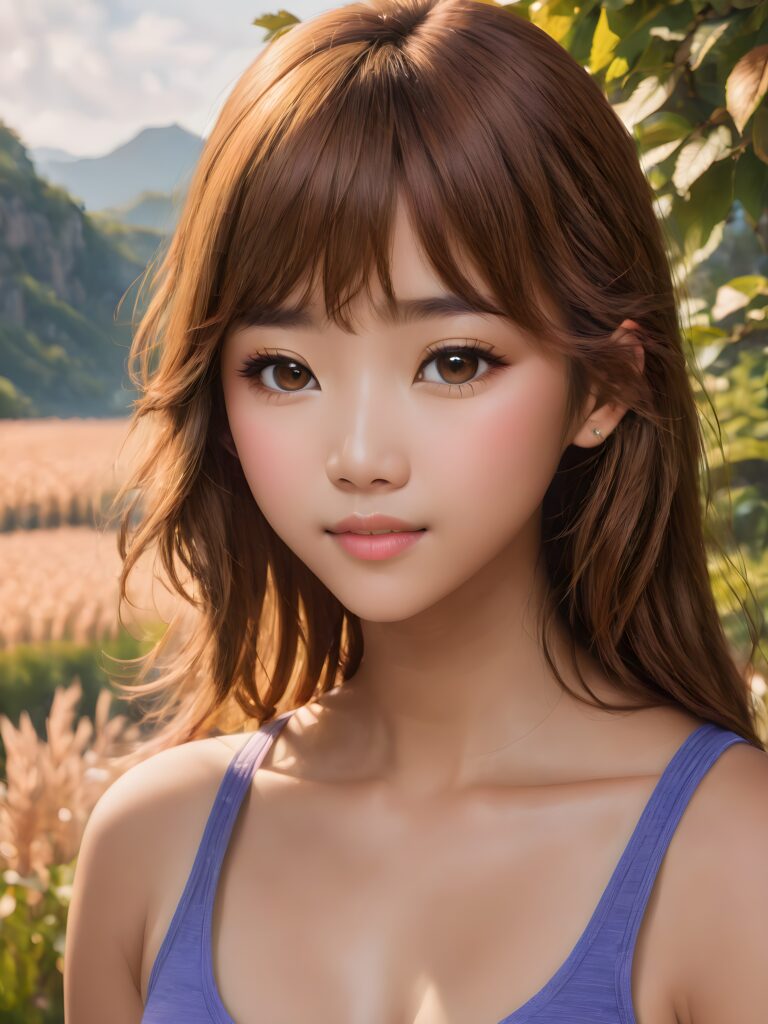 realistic, extreme highly detailed, HD portrait, ((upper body)), ((gorgeous)) ((attractive)) ((stunning)) ((young)) a beautifully realistic, cinematic lights, ((Asian girl)), 16 years old, standing and posing, ((perfect (hazelnut straight hair), bangs cut)), detailed angelic round face, ((realistic detailed hazelnut eye)) looks very happy at the camera, smile, ((short form fitting low cut (tight tank top))), perfect anatomy, side view