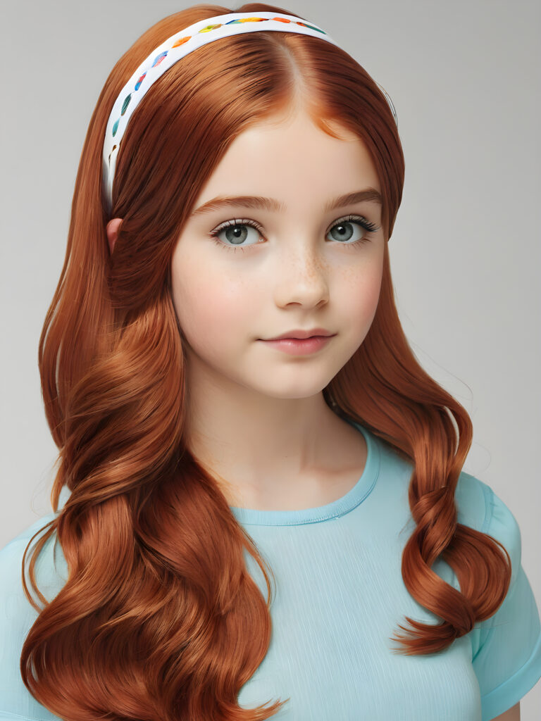 a girl with long auburn hair in a plastic headband