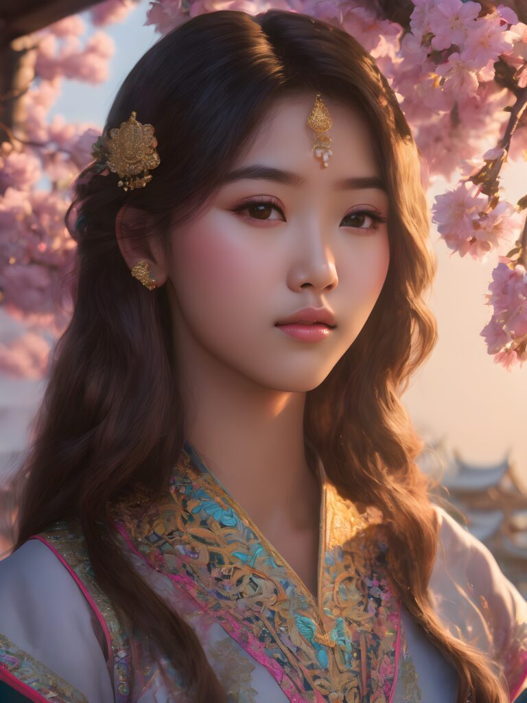 a (((realistically drawn portrayal))) of a (((beautifully elegant young Burmese girl))), aged 15, with long, straight, hazelnut hair framing a (((stunningly realistic, detailed face))), characterized by intricate features like (((round hazelnut eyes))), cut bangs, and a softly downturned mouth, captured in a (((side perspective, perfect body))) against a backdrop of (cherry blossoms), her expression suggestive of melancholy