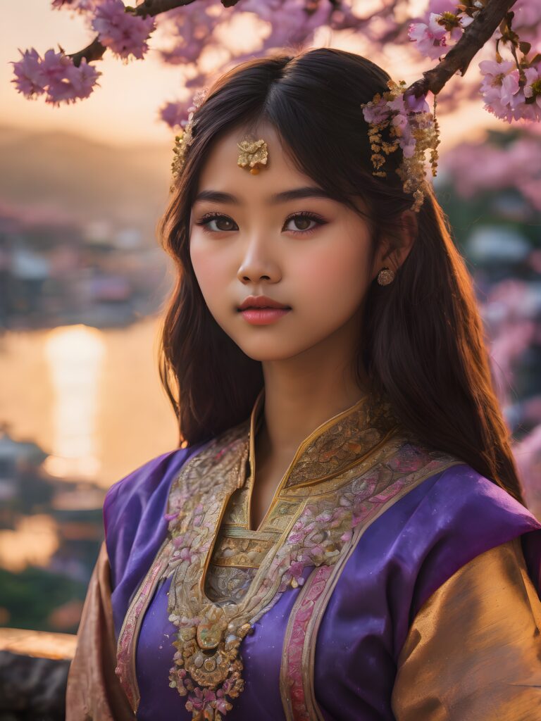 a (((realistically drawn portrayal))) of a (((beautifully elegant young Burmese girl))), aged 15, with long, straight, hazelnut hair framing a (((stunningly realistic, detailed face))), characterized by intricate features like (((round hazelnut eyes))), cut bangs, and a softly downturned mouth, captured in a (((side perspective, perfect body))) against a backdrop of (cherry blossoms), her expression suggestive of melancholy