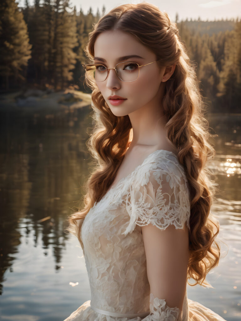 A vivid and intricate (((angelic face))) as a (((mature beautiful woman))), captured in a (((full-body portrait))), set against a sunny day backdrop where a (((young, creamy-white laced and frilly dress girl with long, flowing locks and blonde flippy hair styled into a playful messy bun))), with (((pale skin))), striking greenish-gray irises, and rosy lips, accessorized with (((square-framed glasses))), all contrasting against a (((serene lake))) and an adorable, yellow, fluffy duckling she's affectionately embracing, details so realistic and advanced they will leave any viewer in awe