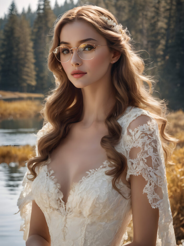 A vivid and intricate (((angelic face))) as a (((mature beautiful woman))), captured in a (((full-body portrait))), set against a sunny day backdrop where a (((young, creamy-white laced and frilly dress girl with long, flowing locks and blonde flippy hair styled into a playful messy bun))), with (((pale skin))), striking greenish-gray irises, and rosy lips, accessorized with (((square-framed glasses))), all contrasting against a (((serene lake))) and an adorable, yellow, fluffy duckling she's affectionately embracing, details so realistic and advanced they will leave any viewer in awe