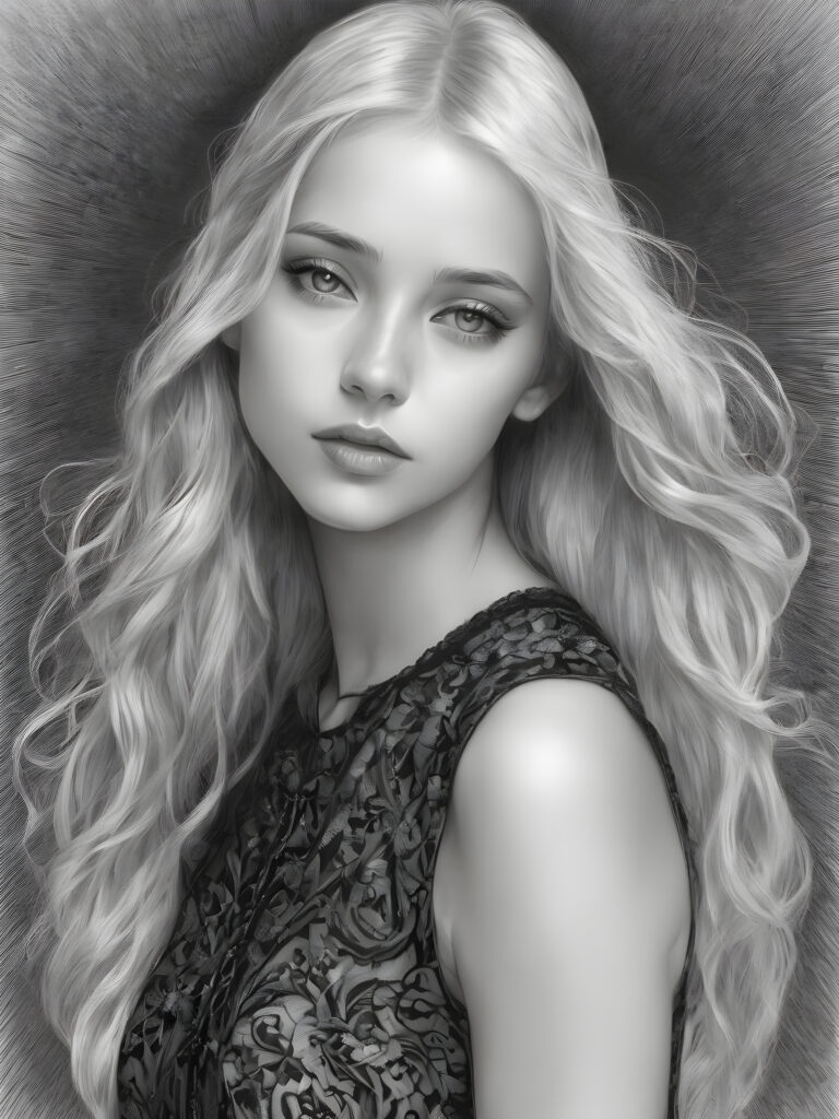 ((portrait)), detailed pencil drawing, silvery-skinned (((young girl))), long straight platinum hair, (((black thin and short dress)))