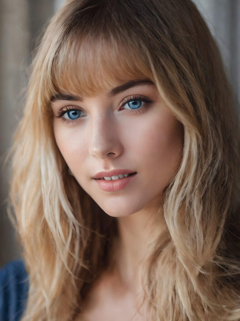 a stunning portrait (((ultra realistic professional photograph))) ((cute)) ((gorgeous)) excellently capturing an amiable, young Exotic girl, crop top, blond long straight hair, bangs cut, full lips, blue eyes, smile, side view