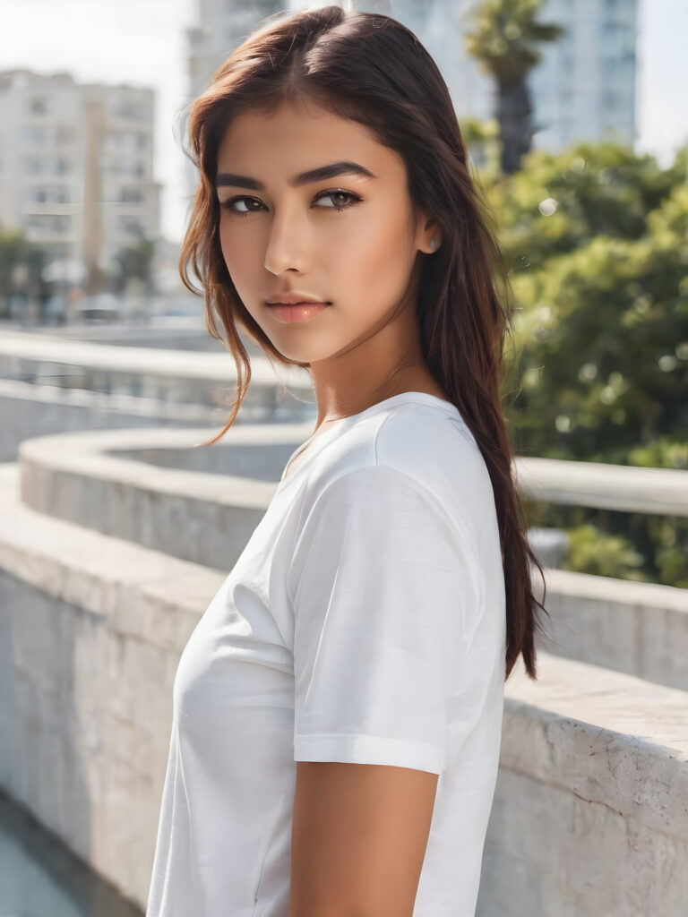 a (((super realistic, highly detailed exotic girl))) with intricate, realistic hair and a perfectly curvaceous figure wearing a (((super short, white button-down shirt))), her skin emitting a warm glow against a (((flawlessly advanced, advanced-looking backdrop))), poised with a (((side-profile portrait shot))), oozing confidence and elegance