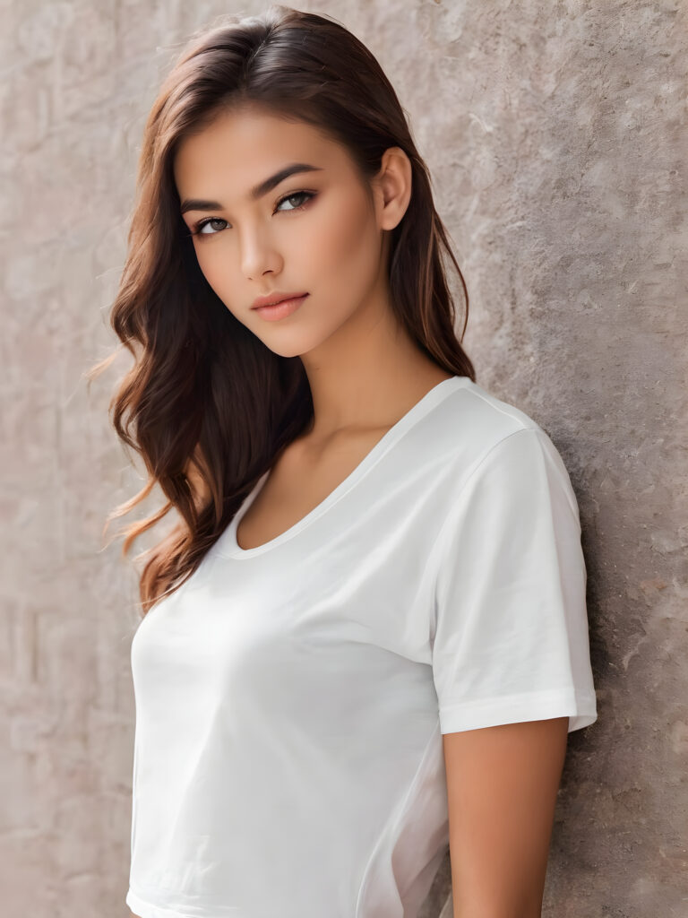 a (((super realistic, highly detailed exotic girl))) with intricate, realistic hair and a perfectly curvaceous figure wearing a (((super short, white button-down shirt))), her skin emitting a warm glow against a (((flawlessly advanced, advanced-looking backdrop))), poised with a (((side-profile portrait shot))), oozing confidence and elegance