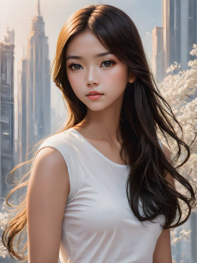 ((portrait)) of (((cute))) (((elegant))) ((attractive)) (((long, straight hair))) ((stunning)) a beautifully realistic, cinematic lights, Asian teen girl, 15 years old, realistic detailed angelic round face, ((realistic detailed eye)) looks sadly at the camera, perfect curved body, (wears a super short tight (white t-shirt) made on thin silk), perfect anatomy, side perspective