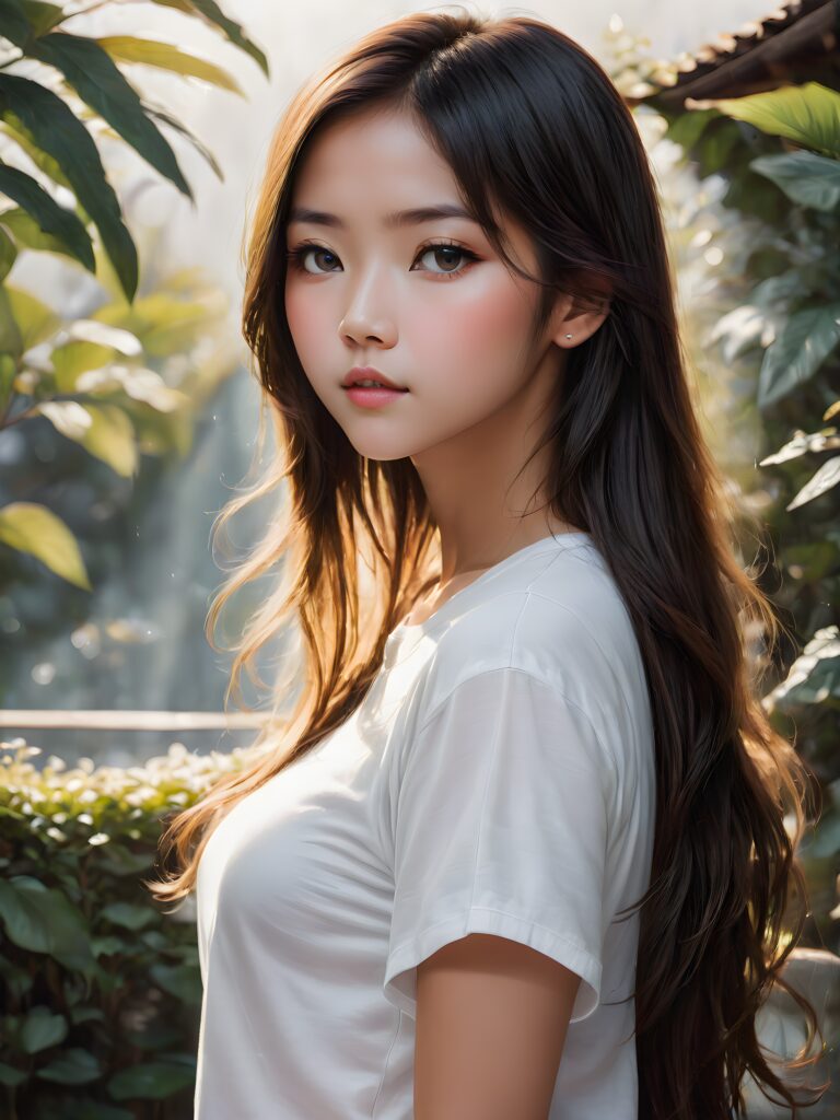 ((portrait)) of (((cute))) (((elegant))) ((attractive)) (((long, straight hair))) ((stunning)) a beautifully realistic, cinematic lights, Asian teen girl, 15 years old, realistic detailed angelic round face, ((realistic detailed eye)) looks sadly at the camera, perfect curved body, (wears a super short tight (white t-shirt) made on thin silk), perfect anatomy, side perspective