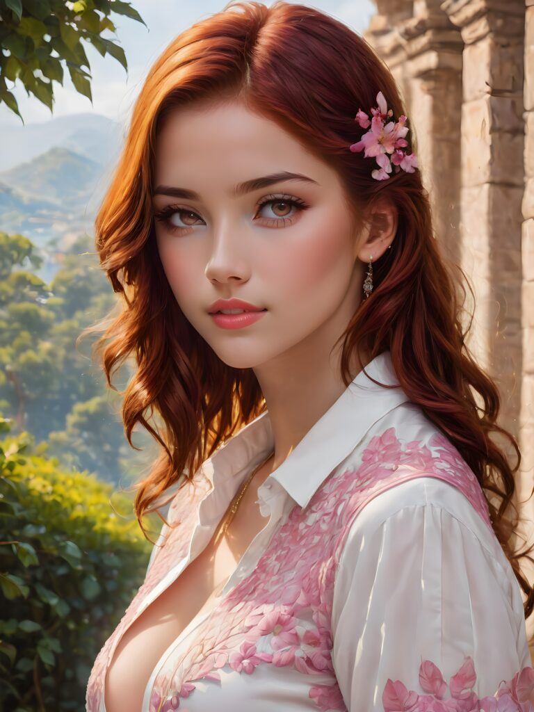(((cute))) (((gorgeous))) ((stunning)) ((female model)) (upper body), (side view), (best quality, masterpiece), deep shadow, depth of field, photo with beautiful saturation, ultra high resolution, cute 16 years old teen girl, detailed red hair, perfect curved body, ultra realistic face, realistic eyes, looking at viewer, warm smile