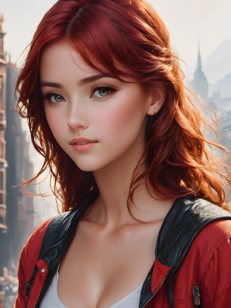 (((cute))) (((gorgeous))) ((stunning)) ((female model)) (upper body), (side view), (best quality, masterpiece), deep shadow, depth of field, photo with beautiful saturation, ultra high resolution, cute 16 years old teen girl, detailed red hair, perfect curved body, ultra realistic face, realistic eyes, looking at viewer, warm smile