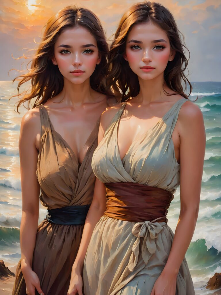a stunningly confident group of (((two beautiful young women))) standing side by side with their arms wrapped around each other's waists, with warm, captivating brown eyes fixed directly on the viewer, wearing flowing, simple chiffon dresses in vibrant, earthy colors against a (sunny, breezy seaside backdrop)