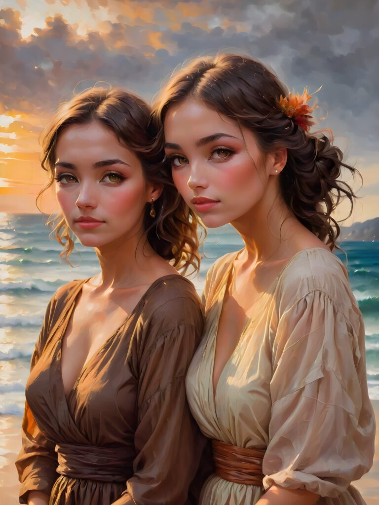 a stunningly confident group of (((two beautiful young women))) standing side by side with their arms wrapped around each other's waists, with warm, captivating brown eyes fixed directly on the viewer, wearing flowing, simple chiffon dresses in vibrant, earthy colors against a (sunny, breezy seaside backdrop)